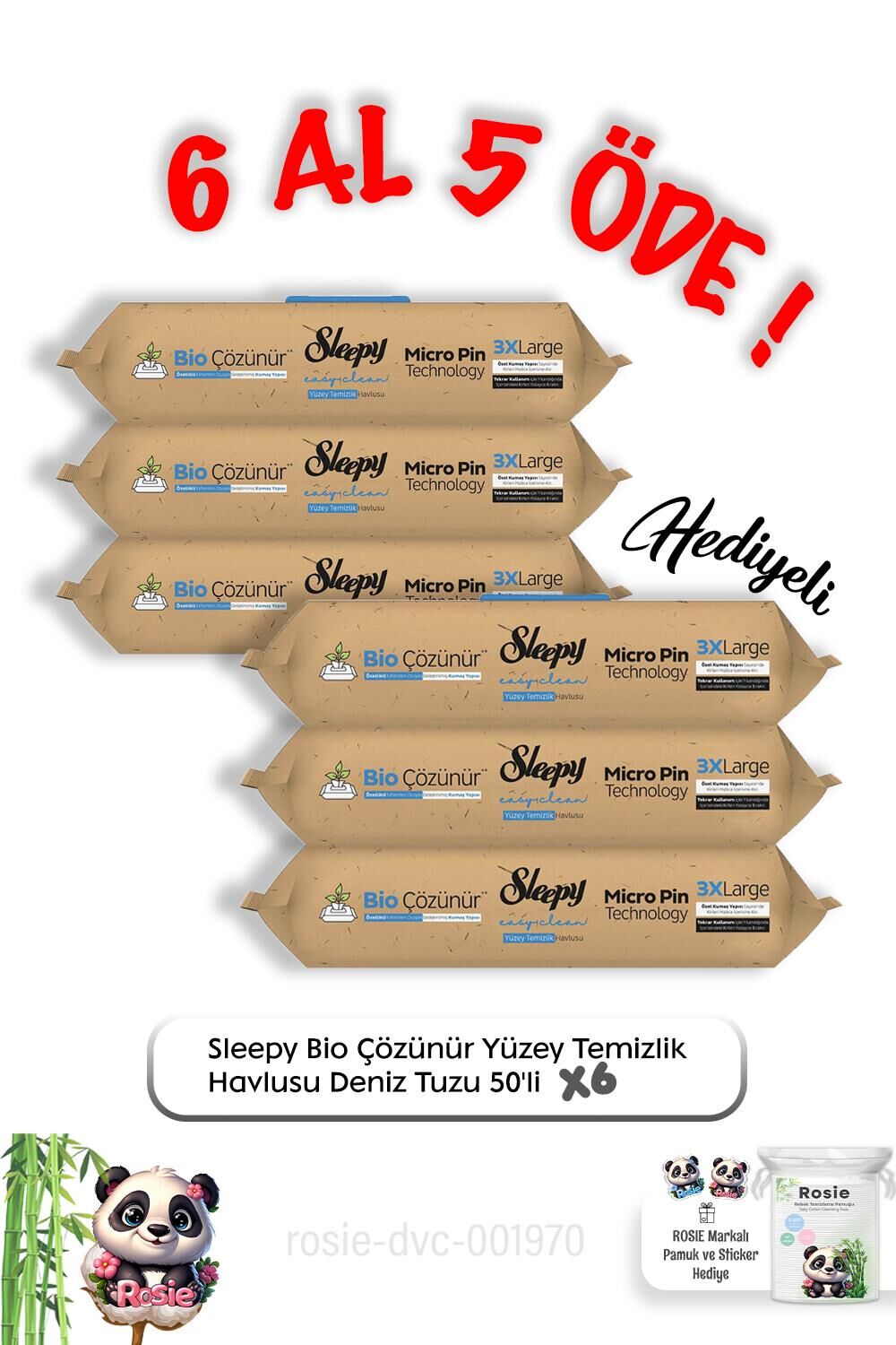 Sleepy Bio Çözünür Yüzey Temizlik Havlusu Deniz Tuzu 50'li 6 Al 5 Öde ve Rosie pamuk