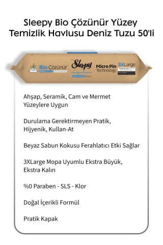 Sleepy Bio Çözünür Yüzey Temizlik Havlusu Deniz Tuzu 50'li 6 Al 5 Öde ve Rosie pamuk