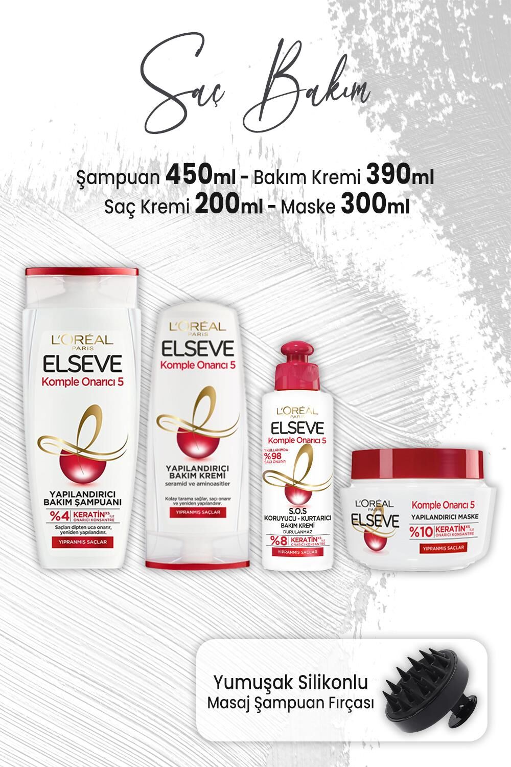 Elseve Komple Onarıcı 5 Yapılandırıcı Bakım Seti 4 ve Masaj Şampuan Fırçası Siyah