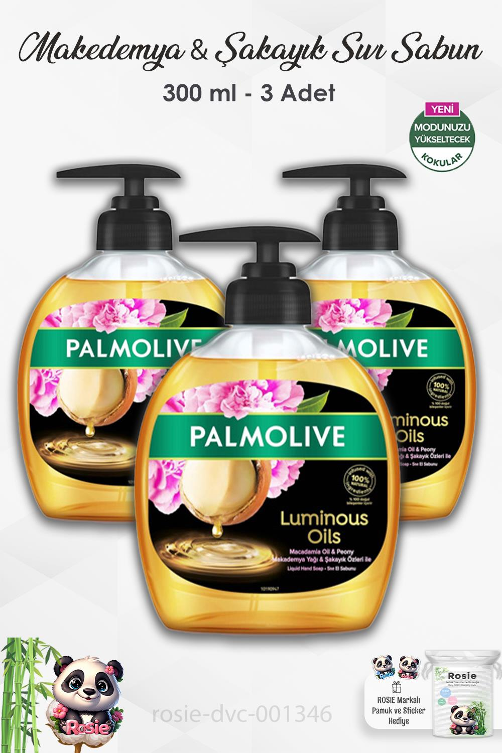 3'lü Set Palmolive Luminous Oils Makedemya & Şakayık Sıvı Sabun 300 ml ve ROSIE
