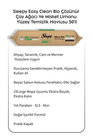Sleepy Çay Ağacı Ve Misket Limonu Yüzey Temizlik Mendili 50'li 6 Al 5 Öde ve Rosie pamuk