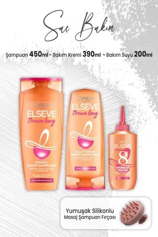 Elseve Dream Long Şampuan 450 ml, Krem 390 ml, Bakım Suyu 200 ml ve Masaj Şampuan Fırçası Pembe