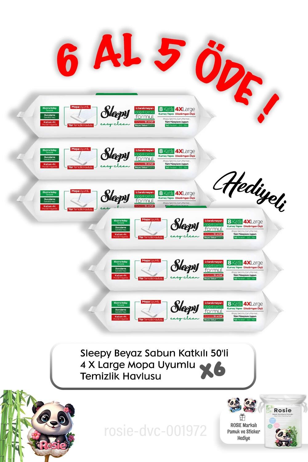 Sleepy Beyaz Sabun Katkılı 50'li 4 X Large Mopa Uyumlu Temizlik Havlusu  6 Al 5 Öde ve Rosie pamuk