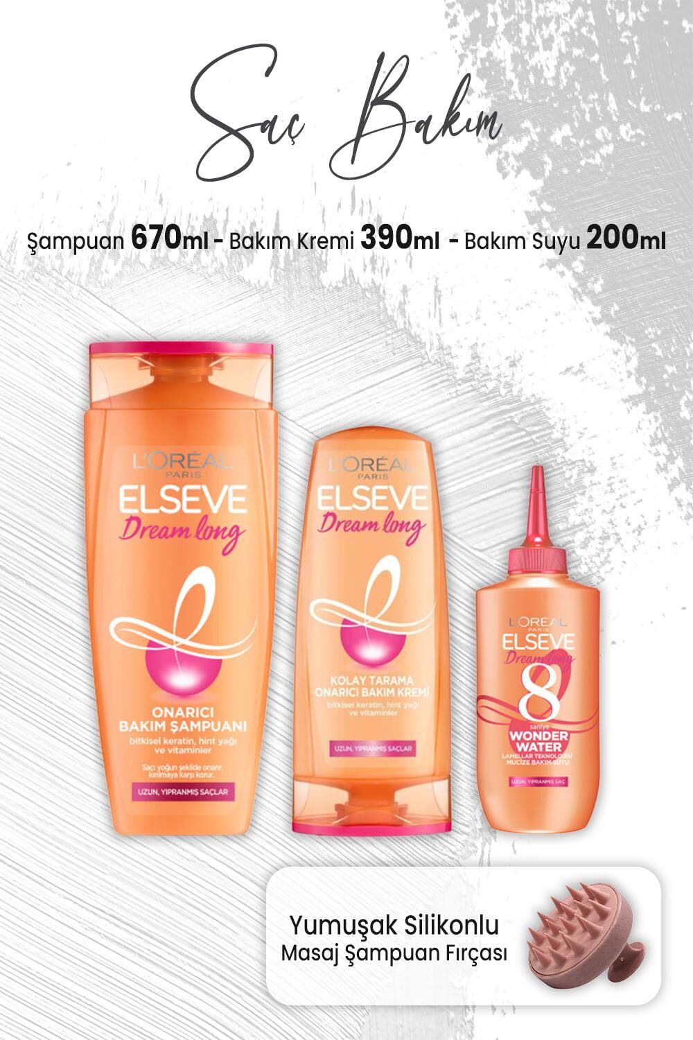 Elseve Dream Long Şampuan 670 ml, Krem 390 ml, Bakım Suyu 200 ml ve Masaj Şampuan Fırçası Pembe