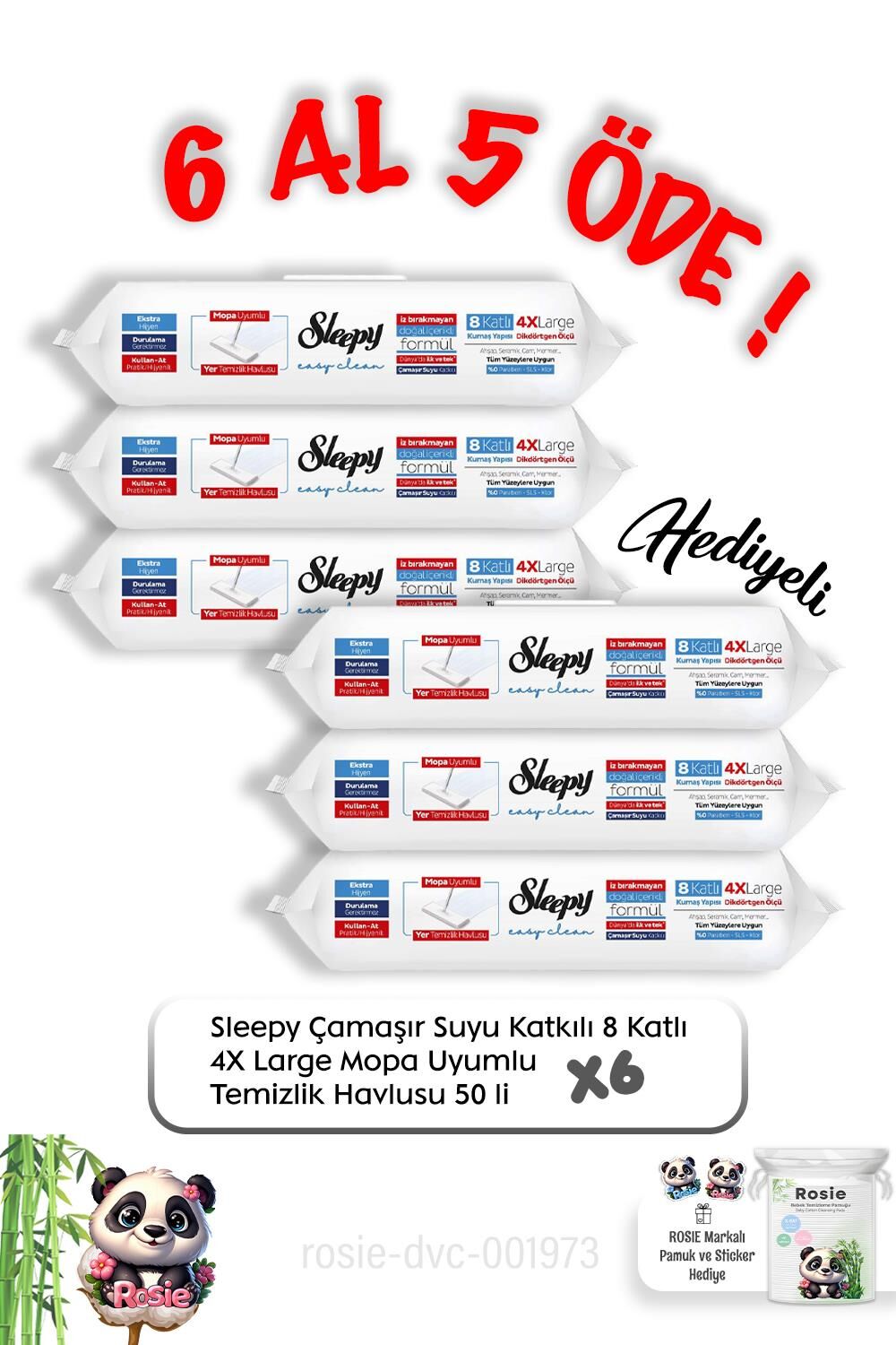 Sleepy Çamaşır Suyu Katkılı 8 Katlı 4X Large Mopa Uyumlu Temizlik Havlusu 50 li  6 Al 5 Öde ve Rosie pamuk