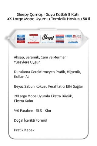 Sleepy Çamaşır Suyu Katkılı 8 Katlı 4X Large Mopa Uyumlu Temizlik Havlusu 50 li  6 Al 5 Öde ve Rosie pamuk