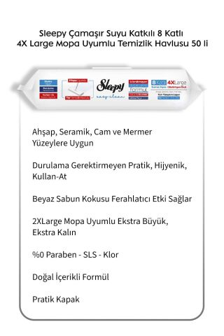 Sleepy Çamaşır Suyu Katkılı 8 Katlı 4X Large Mopa Uyumlu Temizlik Havlusu 50 li  6 Al 5 Öde ve Rosie pamuk