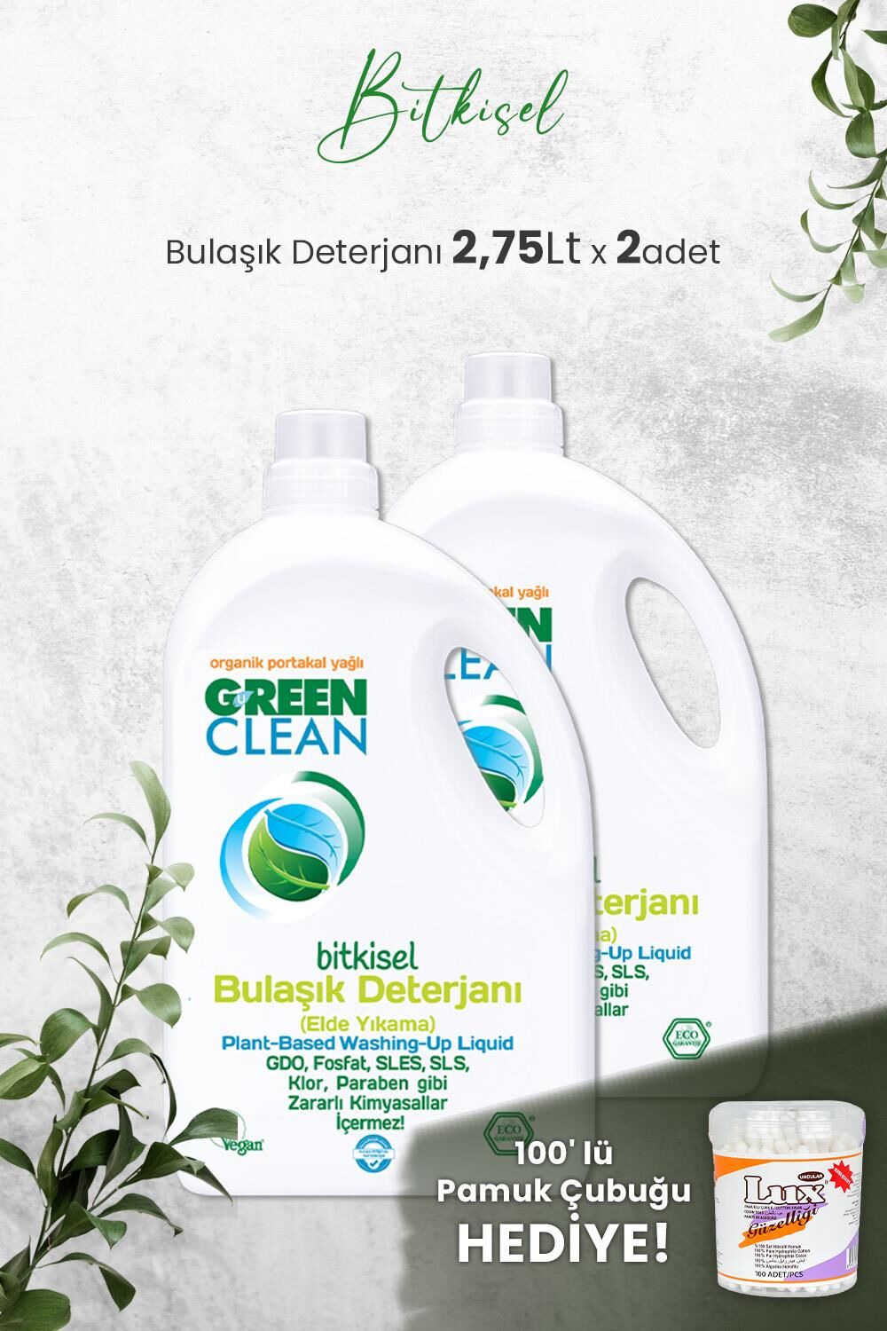 U Green Clean Bitkisel Bulaşık Deterjanı 2,75 LT x 2 Adet ve Hediyeli