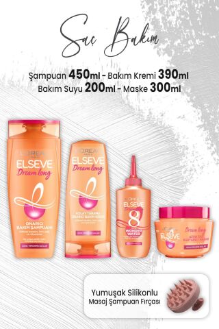 Elseve Dream Long Şampuan 450 ml, Krem 390 ml, Bakım Suyu 200 ml, Maske 300 ml ve Masaj Şampuan Fırçası Pembe
