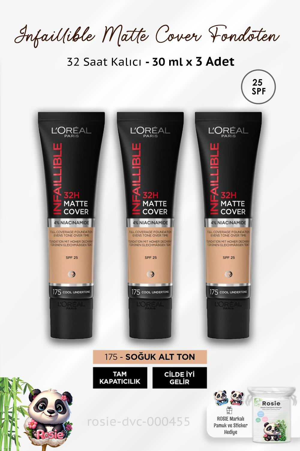 3 Adet Loreal Paris Infaillible Matte Fondöten SPF25 Cool Undertone 175 ve ROSIE