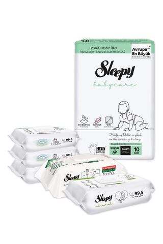 Sleepy Bebek Bakım Örtüsü 10'lu, Islak Mendil 210 Yaprak ve Temizlik Havlusu