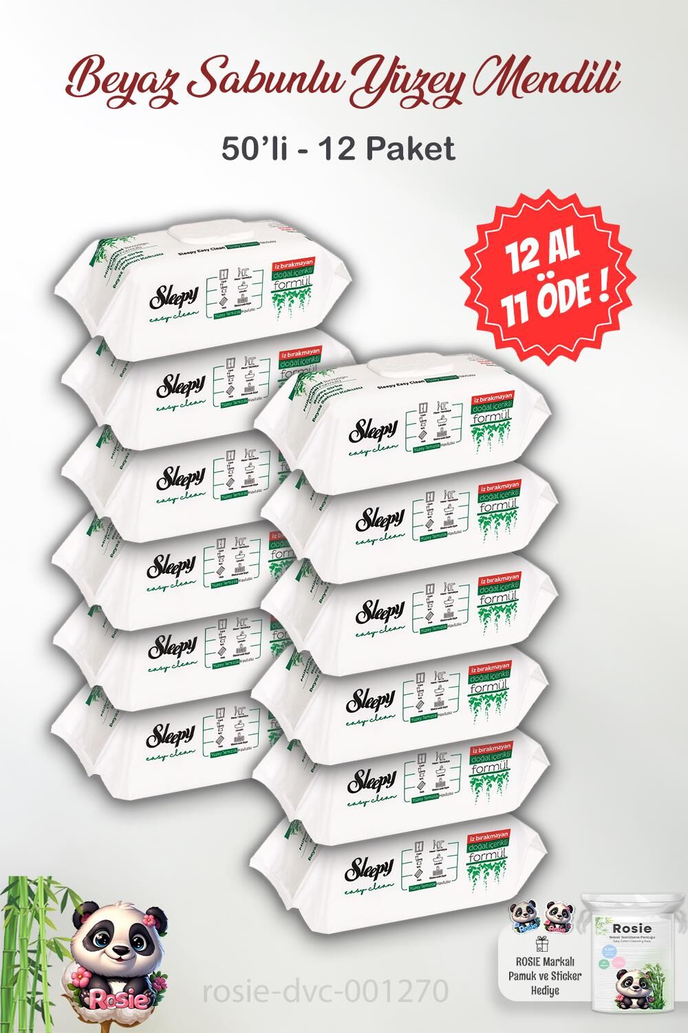 Sleepy Easy Clean 12 AL 11 ÖDE Yüzey Temizlik Havlusu 50' li ve ROSIE