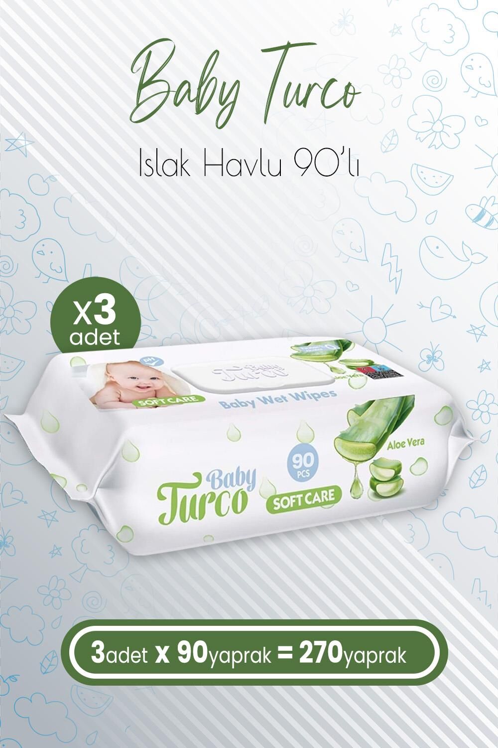 Baby Turco Soft Care Bebek Islak Havlu Aloe Vera 90' lı x 3 Adet (270 Yaprak)