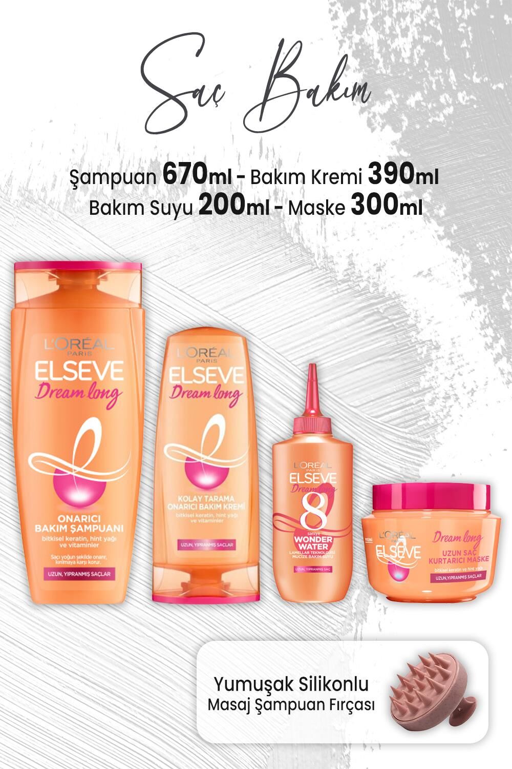 Elseve Dream Long Şampuan 670 ml, Krem 390 ml, Bakım Suyu 200 ml, Maske 300 ml ve Masaj Şampuan Fırçası Pembe