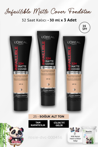 3 Adet Loreal Paris Infaillible 32H Matte Fondöten SPF25 Soğuk Alt Ton 25 ve ROSIE