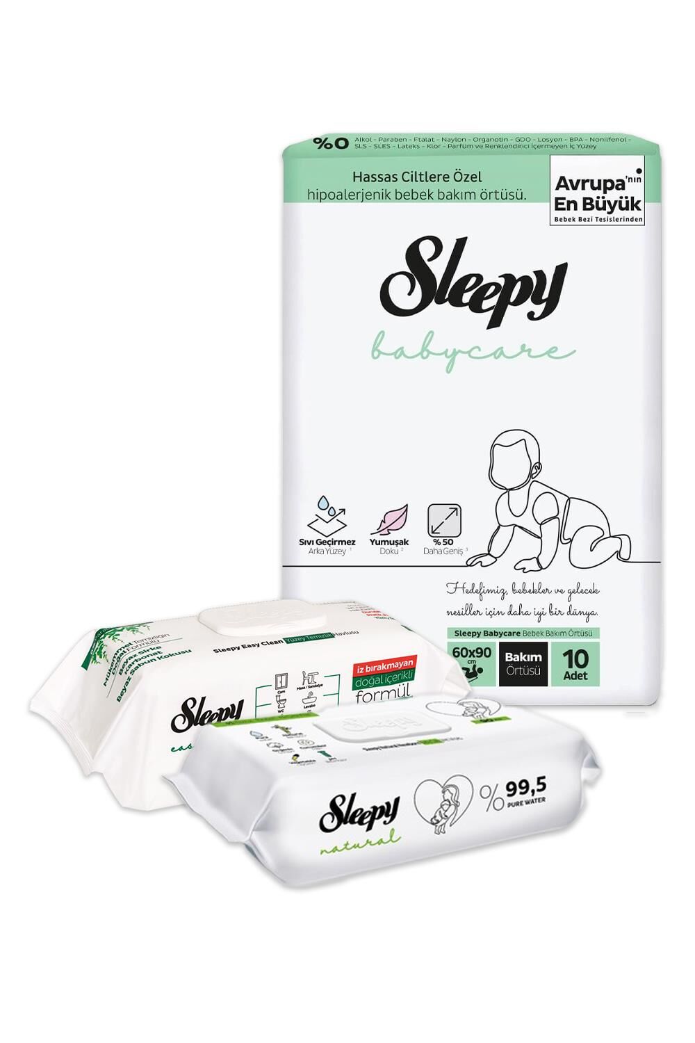 Sleepy Bebek Bakım Örtüsü 10'lu, Islak Mendil 90' lı ve Temizlik Havlusu