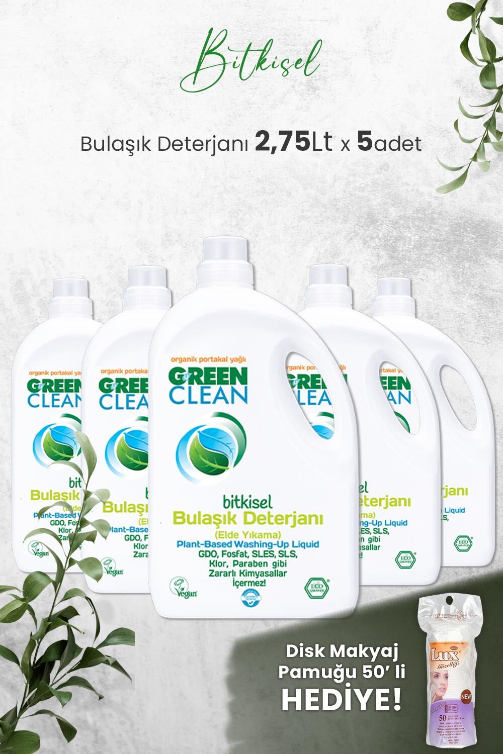 U Green Clean Bitkisel Bulaşık Deterjanı 2,75 LT x 5 Adet ve Hediyeli