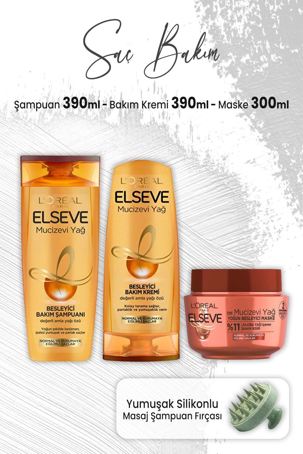 Elseve Mucizevi Yağ Amla Yağı Şampuan 390 ml, Bakım Kremi 390 ml, Maske 300 ml ve Masaj Şampuan Fırçası Yeşil