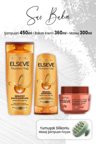 Elseve Mucizevi Yağ Amla Yağı Şampuan 450 ml, Bakım Kremi 360 ml, Maske 300 ml ve Masaj Şampuan Fırçası Yeşil