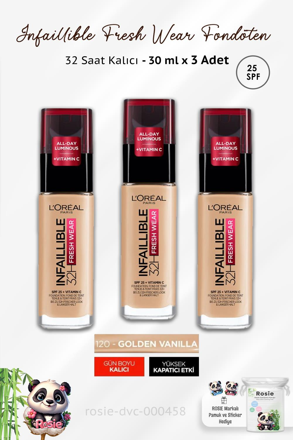Loreal Paris 3 Adet Infaillible Fresh Wear 32H Fondöten SPF25 Golden Vanilla 120 ve ROSIE