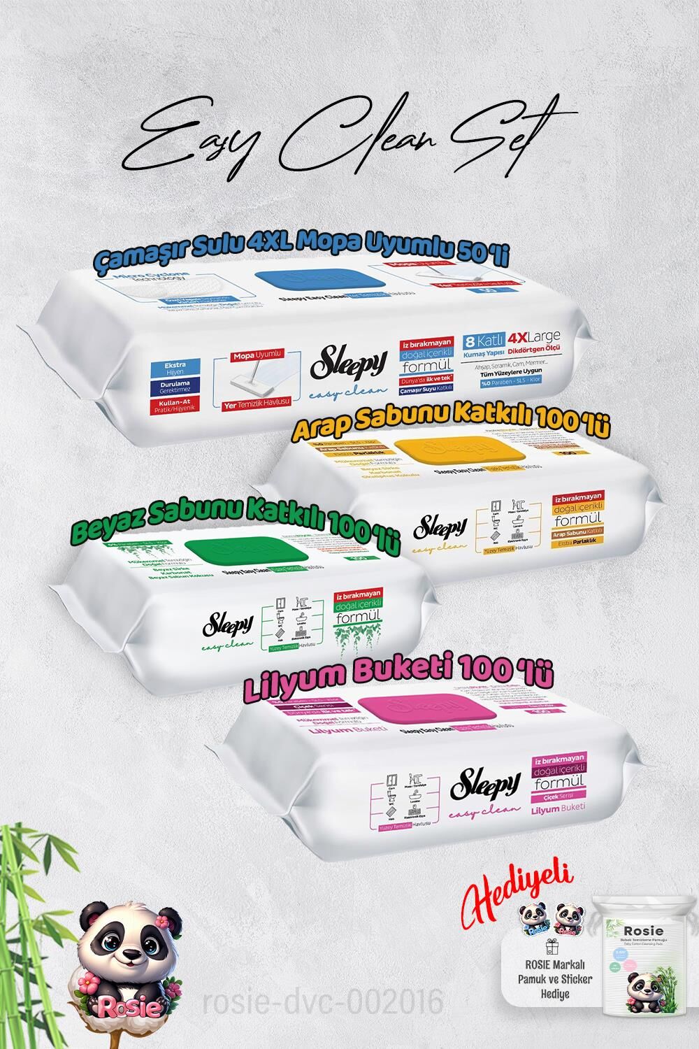 Sleepy  Arap Sabun, Lilyum, Beyaz Sabun ve 4 XL 50'li Çamaşır Sulu Mop Yüzey Temizlik Havlusu Hediye Rosie