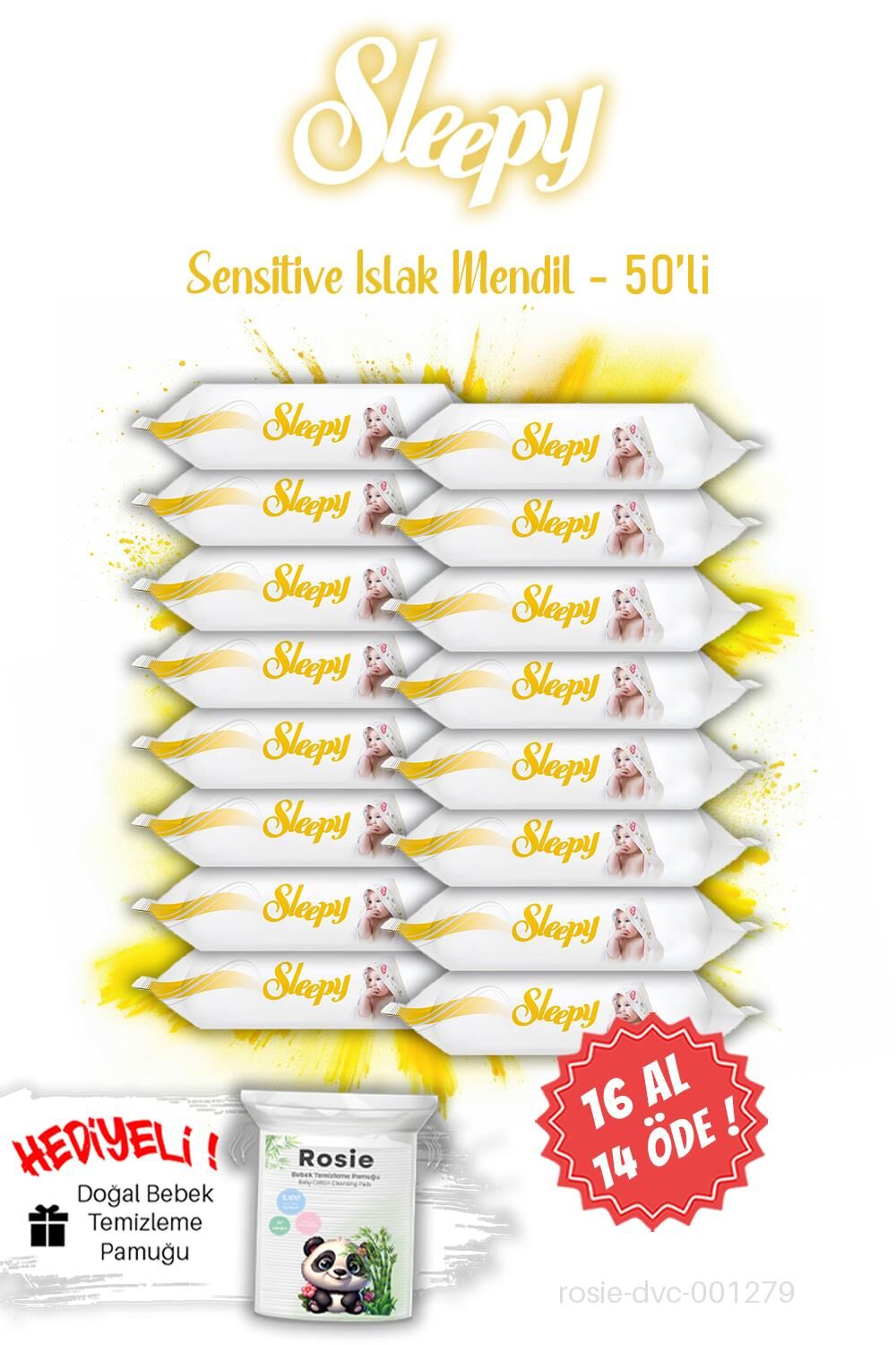 16 AL 14 ÖDE Sleepy Sensitive Islak Mendil 25'li ve ROSIE Pamuk
