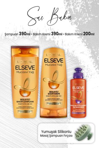 Elseve Mucizevi Yağ Amla Yağı Şampuan 390 ml, Bakım Kremi 390 ml, Krem 200 ml ve Masaj Şampuan Fırçası Yeşil