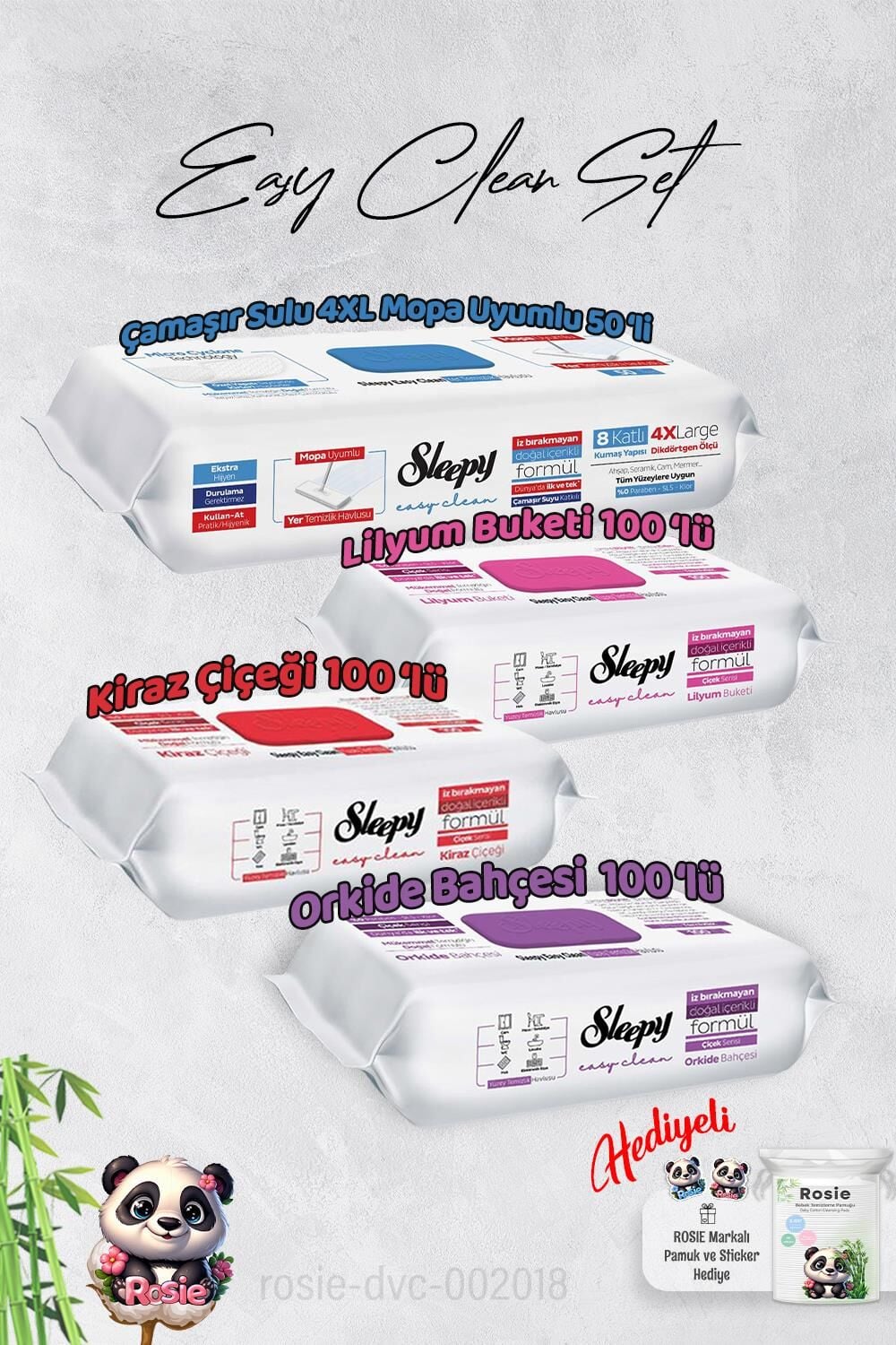Sleepy  Orkide, Kiraz, Lilyum ve 4 XL 50'li Çamaşır Suyu Mop Yüzey Temizlik Havlusu Hediye Rosie