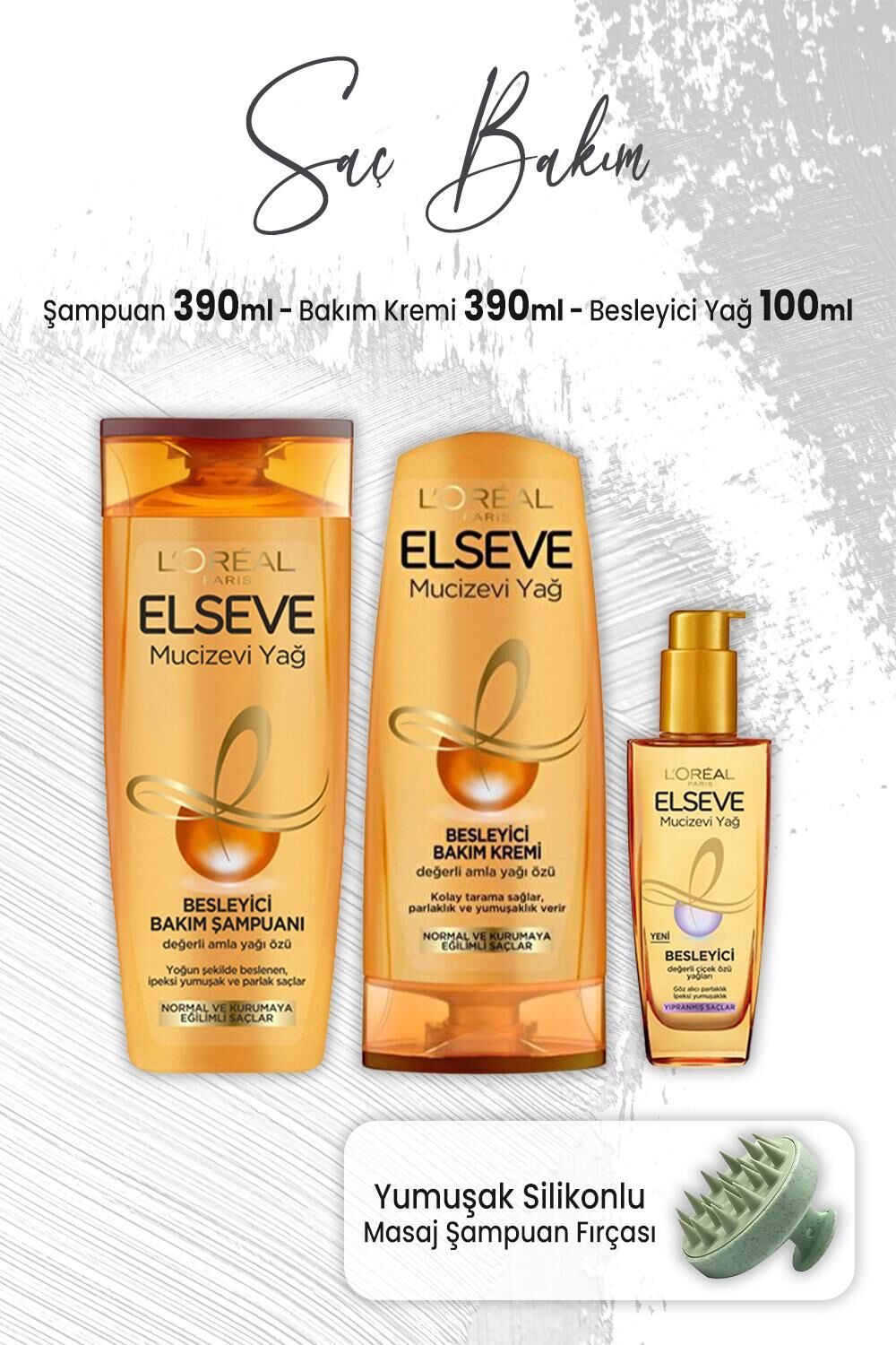 Elseve Mucizevi Yağ Amla Yağı Şampuan 390 ml, Bakım Kremi 390 ml, Çiçek Özü Yağ 100 ml ve Masaj Şampuan Fırçası Yeşil