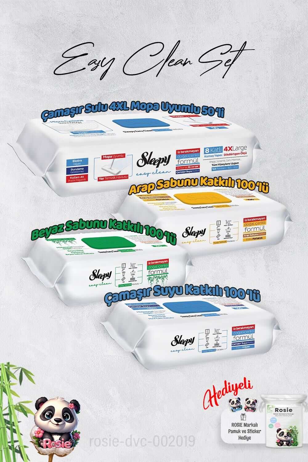 Sleepy  Arap Sabun, Çamaşır Suyu, Beyaz Sabun ve 4 XL 50'li Çamaşır Suyu Mop Yüzey Temizlik Havlusu Hediye Rosie