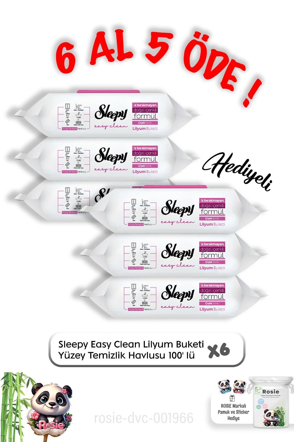 Sleepy Lilyum Buketi Yüzey Temizlik Havlusu 100' lü 6 Al 5 Öde ve Rosie Pamuk