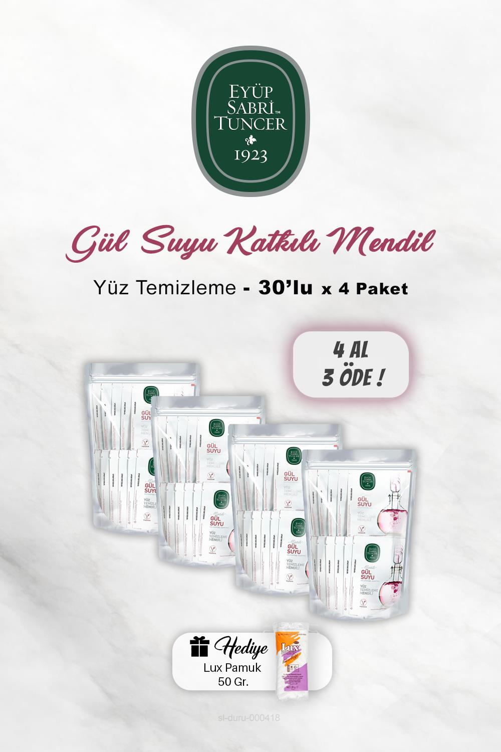 4 AL 3 ÖDE Eyüp Sabri Tuncer Gül Suyu Yüz Temizleme Mendili 30'lu, Pamuk Hediyeli