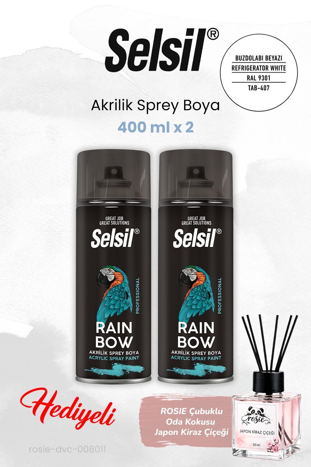 Selsil Buzdolabı Beyazı (400 ml x 2 adet) Akrilik Sprey Boya, ROSIE oda kokusu