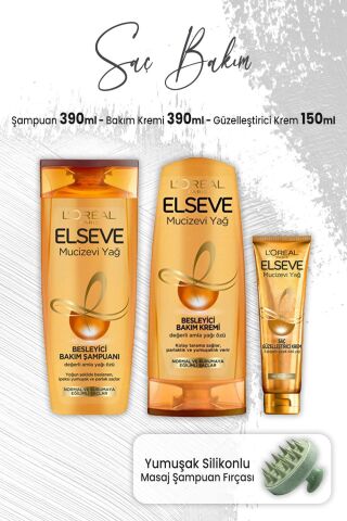 Elseve Mucizevi Yağ Amla Şampuan 390 ml, Bakım Kremi 390 ml, Çiçek Özü 150 ml ve Masaj Şampuan Fırçası Yeşil