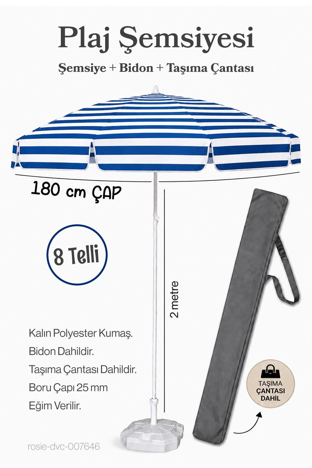 Plaj Şemsiyesi Mavi Beyaz 180 Çap / 8 Telli + Bidon + Taşıma Çantası Dahil