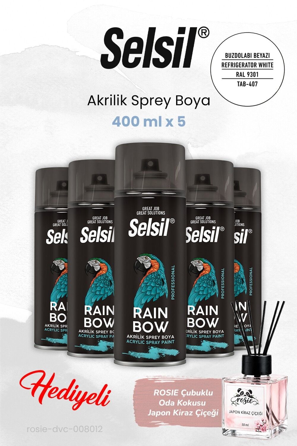 Selsil (400 ml x 5 adet) Buzdolabı Beyazı Akrilik Sprey Boya, ROSIE oda kokusu