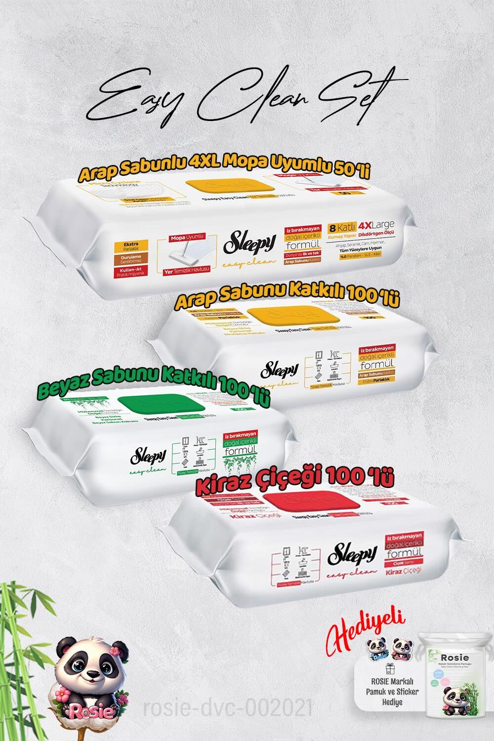 Sleepy  Arap Sabun, Kiraz, Beyaz Sabun ve 4 XL 50'li Arap Sabunlu Mop Yüzey Temizlik Havlusu Hediye Rosie