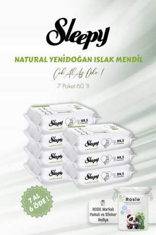 7 AL 6 ÖDE 60'lı Sleepy Natural Yenidoğan Islak Havlu ve Bebe Pamuğu