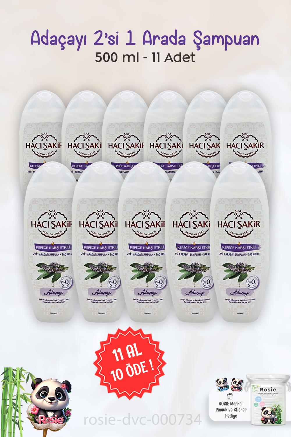 11 AL 10 ÖDE Hacı Şakir Adaçayı 2si 1 Arada Şampuan Kepeğe Karşı 500 ml ve ROSIE