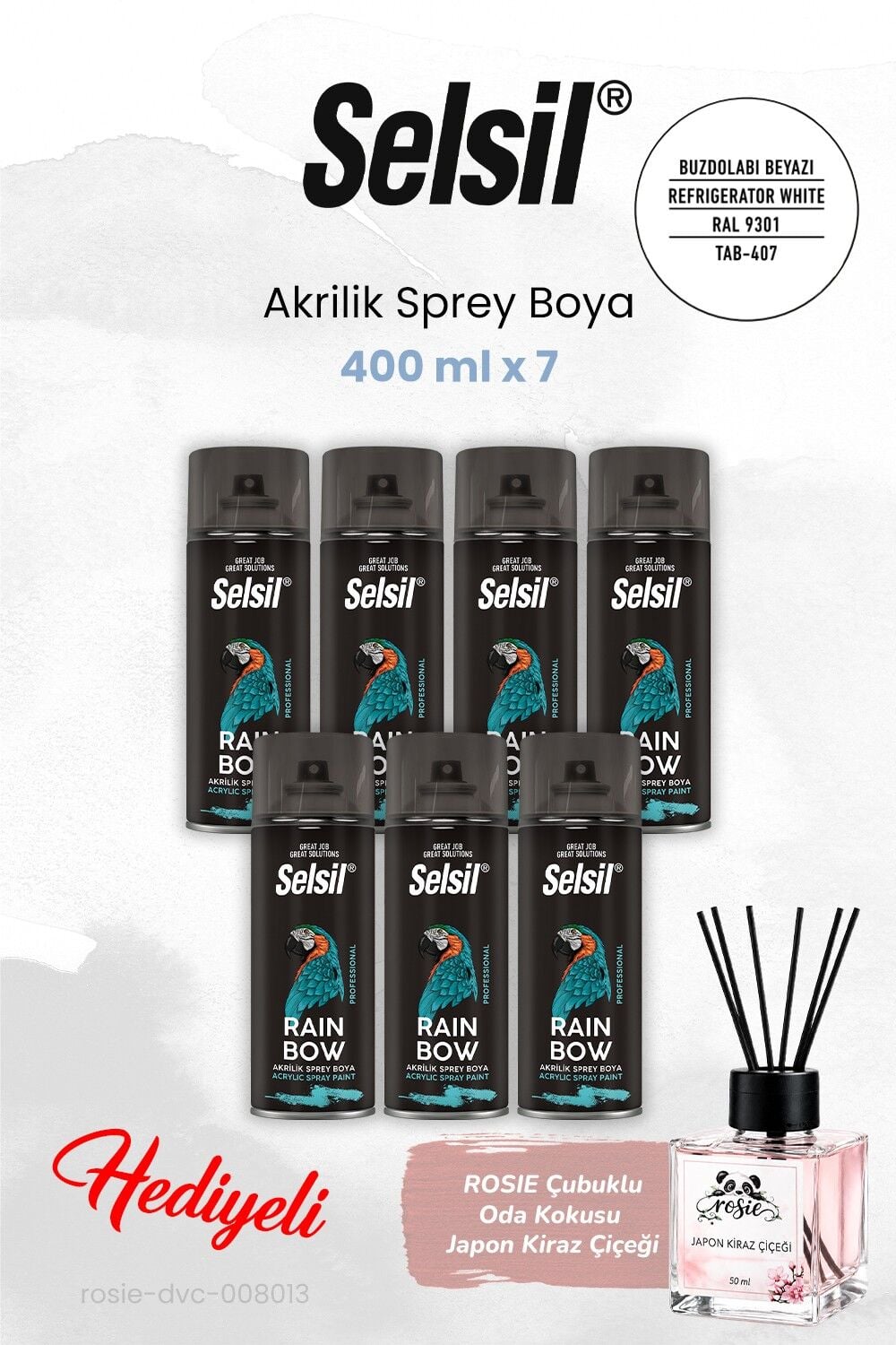 Selsil 7 adet Buzdolabı Beyazı Akrilik Sprey Boya 400 ml, ROSIE oda kokusu