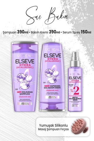 Elseve Hydra Hyaluronik Şampuan 390 ml, Bakım Kremi 390 ml, Serum Sprey 150 ml ve Masaj Şampuan Fırçası Pembe