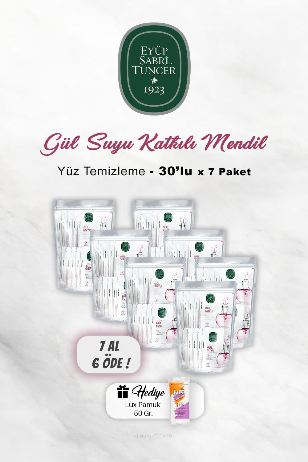 7 AL 6 ÖDE Eyüp Sabri Tuncer Gül Suyu Yüz Temizleme Mendili 30'lu, Pamuk Hediyeli