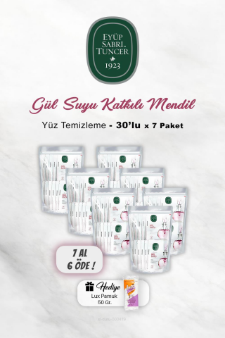 7 AL 6 ÖDE Eyüp Sabri Tuncer Gül Suyu Yüz Temizleme Mendili 30'lu, Pamuk Hediyeli
