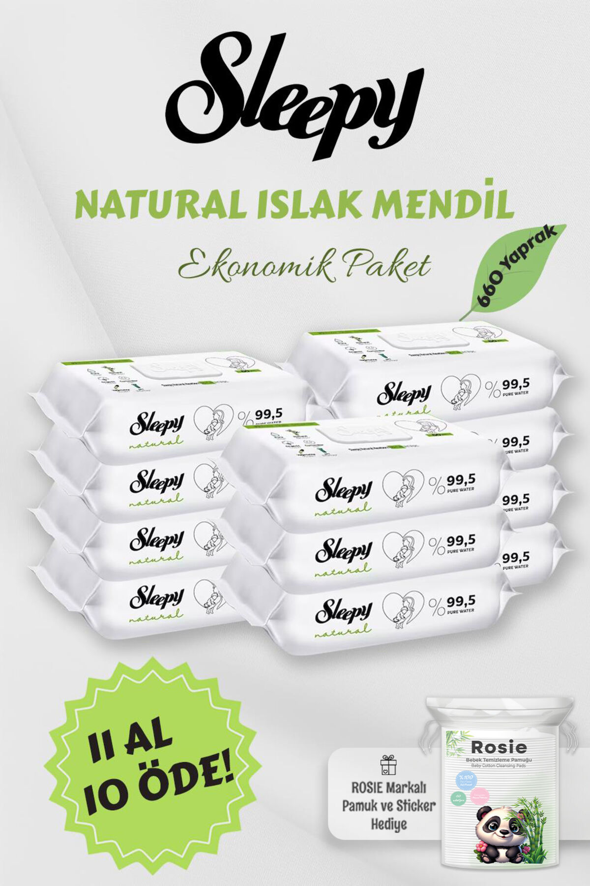 Sleepy 11 AL 10 ÖDE Natural Yenidoğan 60'lı Islak Havlu ve ROSIE