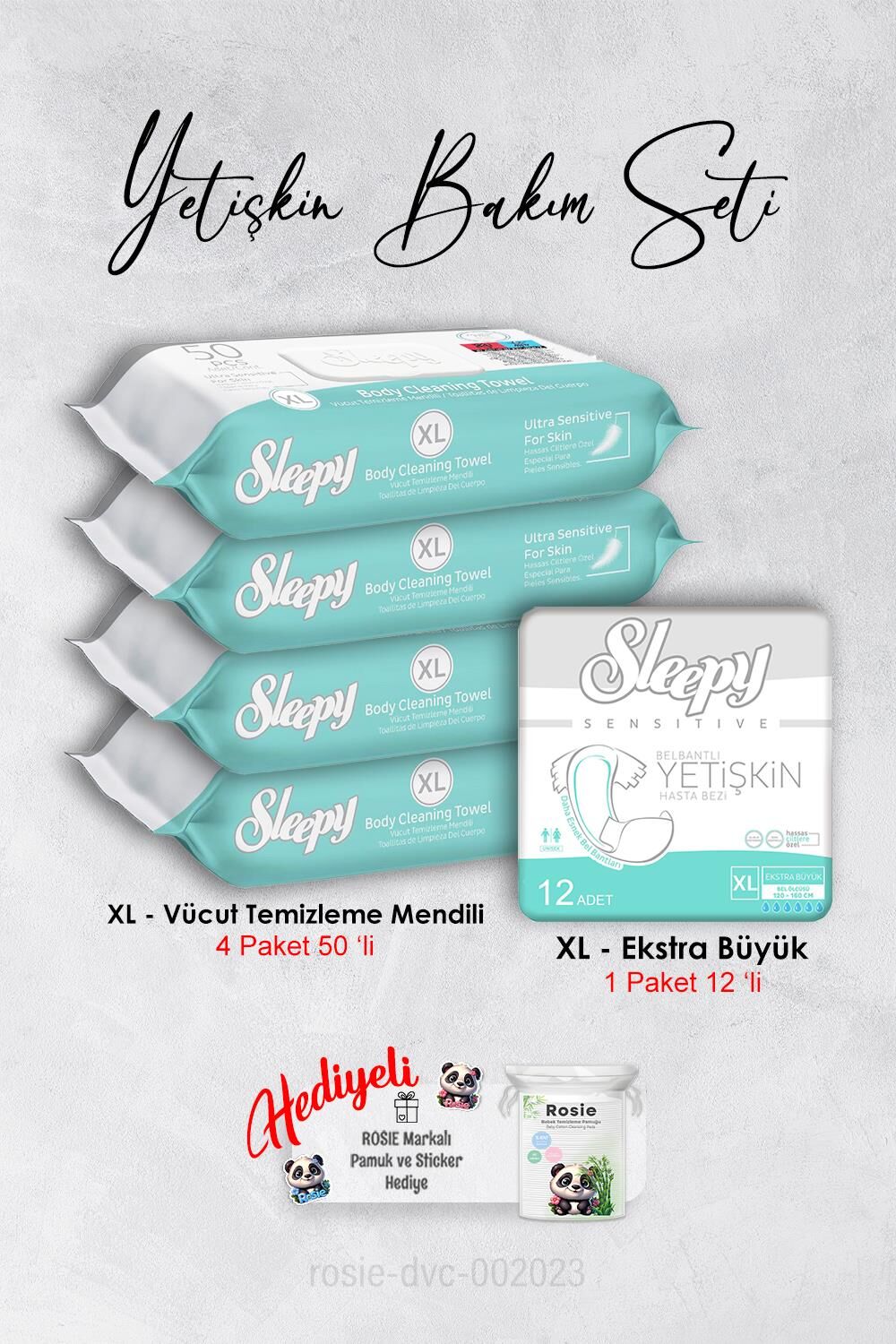 Sleepy Xl 50''li Vücut Temizleme Mendili X 4 ve XL Yetişkin Bezi 12' li, Rosie Hediyeli