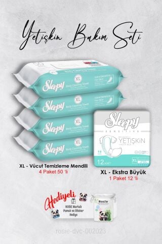 Sleepy Xl 50''li Vücut Temizleme Mendili X 4 ve XL Yetişkin Bezi 12' li, Rosie Hediyeli