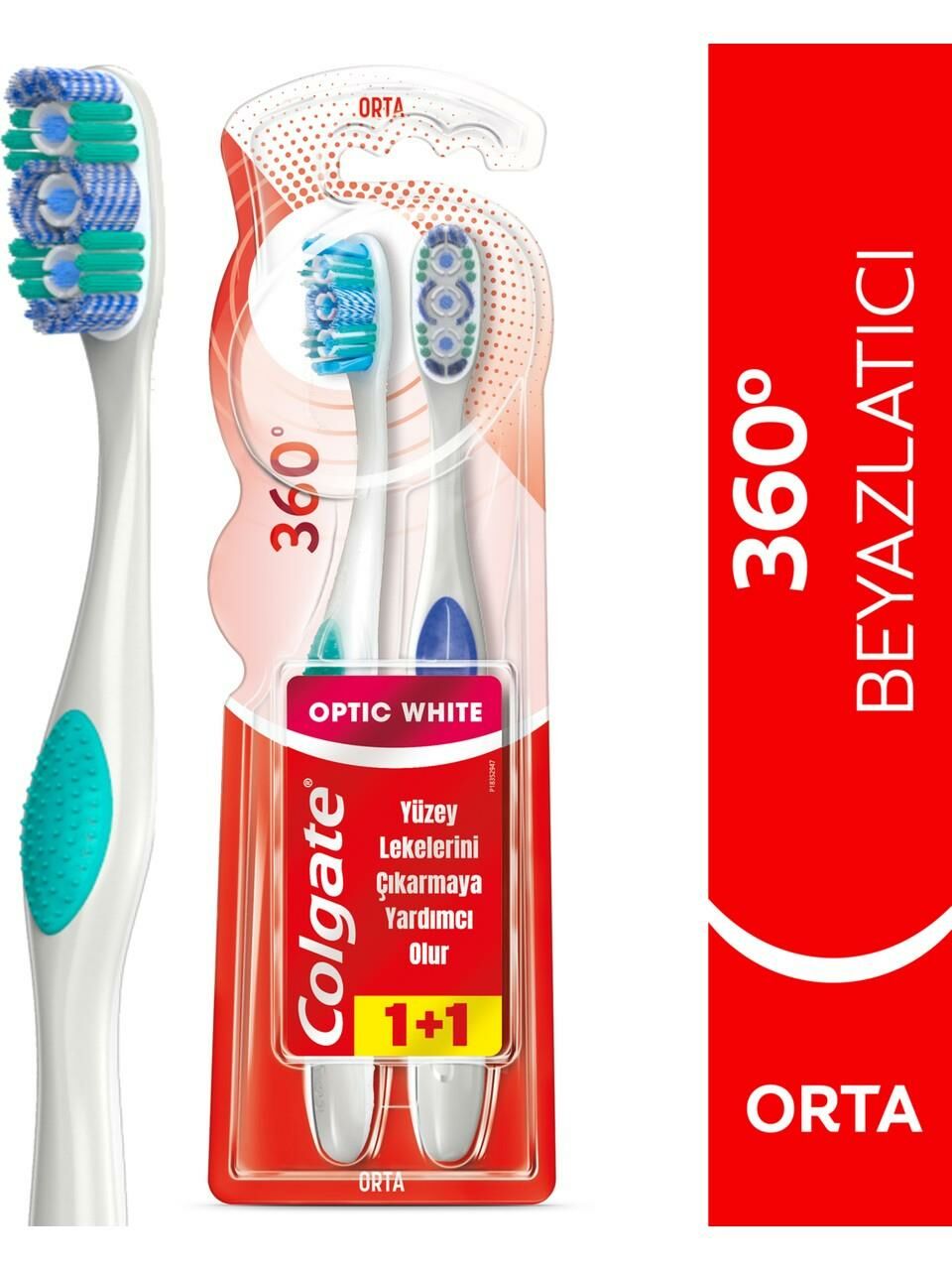Colgate 360 Optik Beyaz Dil ve Yanak Temizleyicili Orta Diş Fırçası 1+1