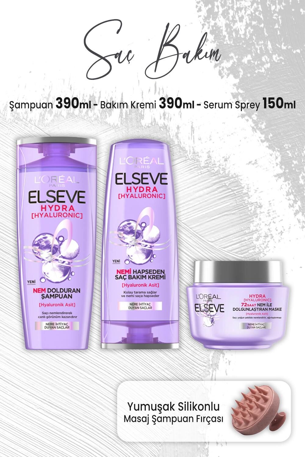 Elseve Hydra Hyaluronik Şampuan 390 ml, Krem 390 ml, Maske 300 ml ve Masaj Şampuan Fırçası Pembe