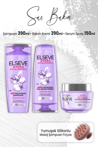 Elseve Hydra Hyaluronik Şampuan 390 ml, Krem 390 ml, Maske 300 ml ve Masaj Şampuan Fırçası Pembe