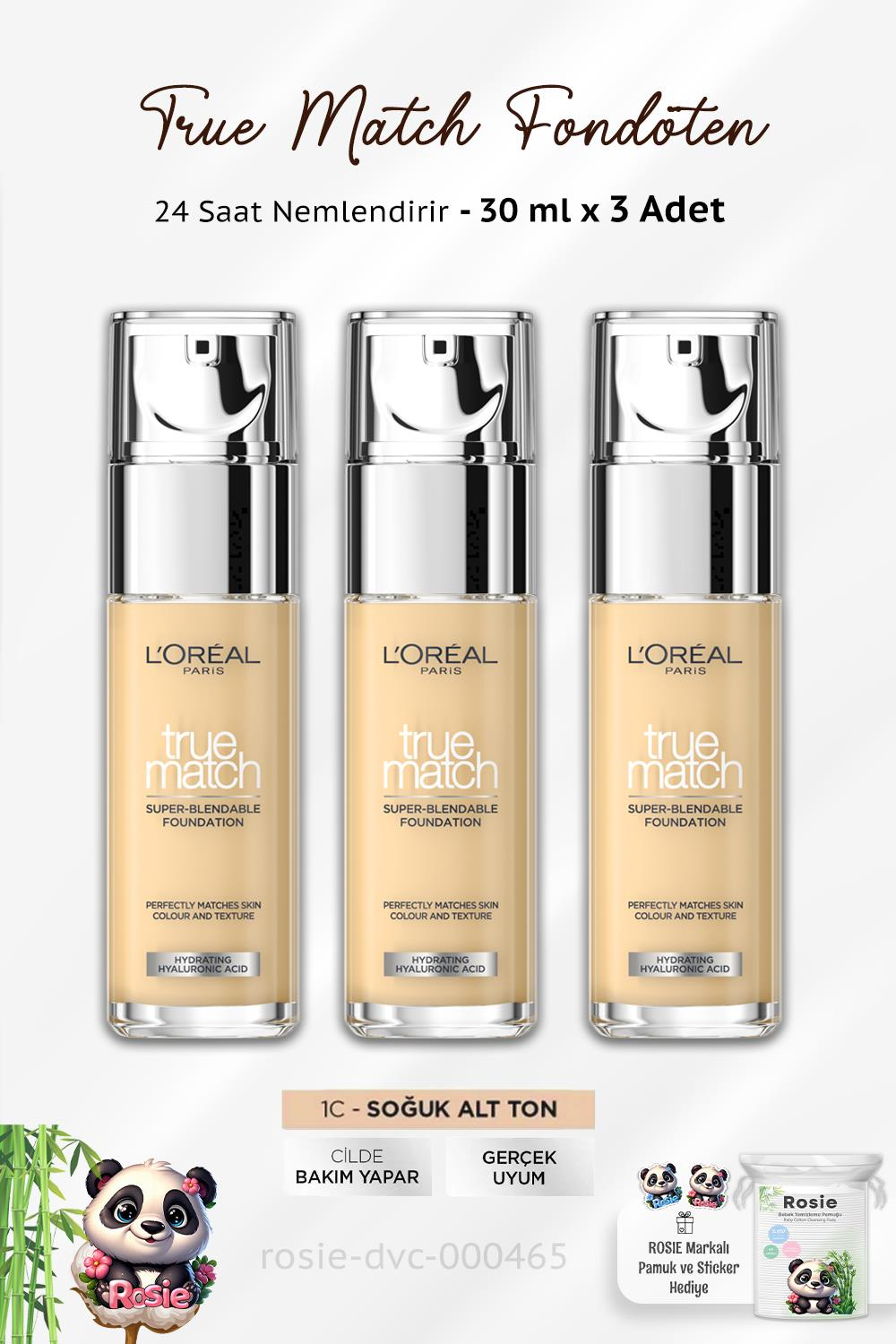 3 Adet Loreal Paris True Match Fondöten 1C Soğuk Alt Ton ve ROSIE Pamuk